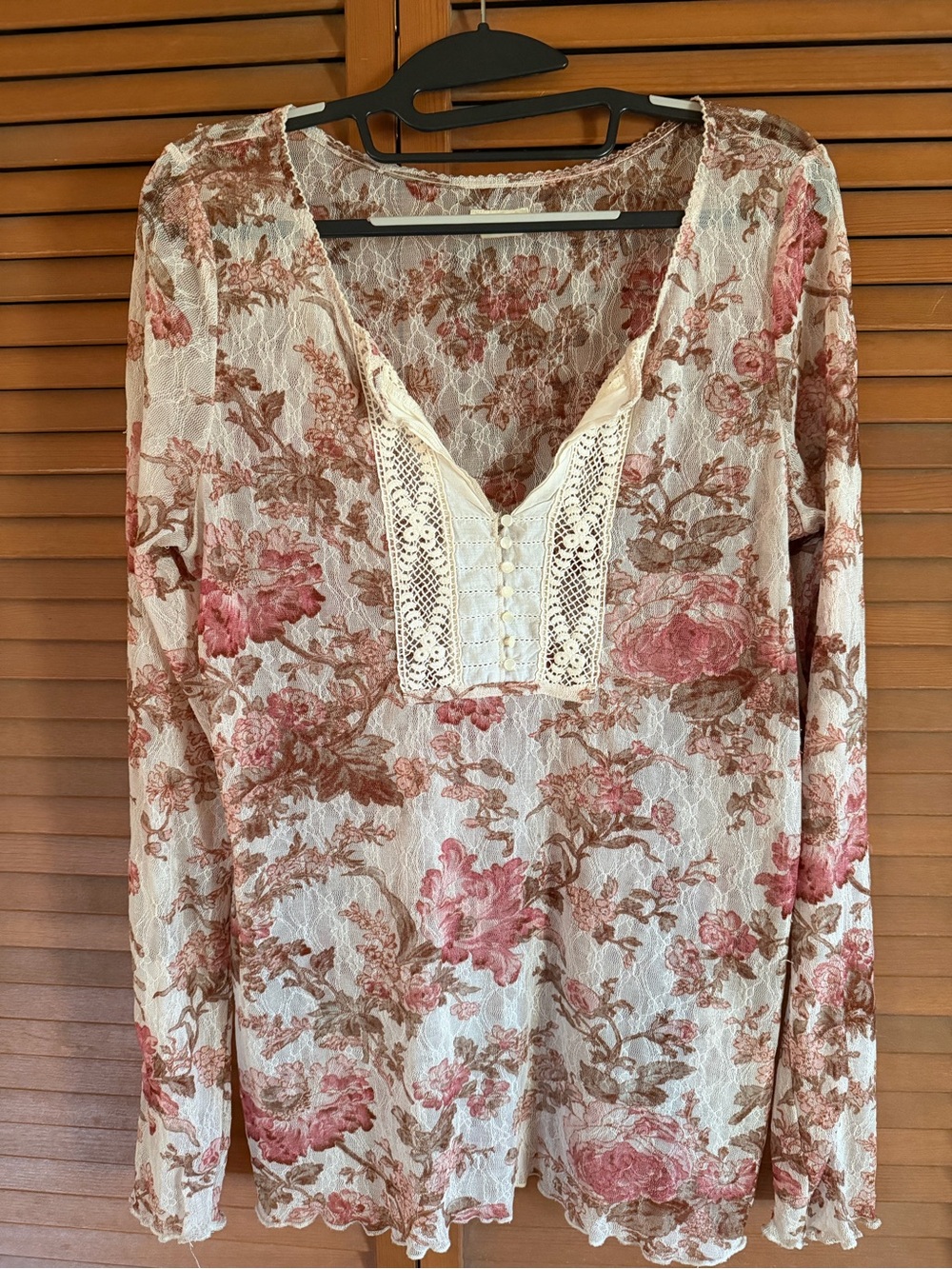 Denim & Supply Ralph Lauren Floral Lace-Trim Long Sleeve Top - Pink/Cream/Brown